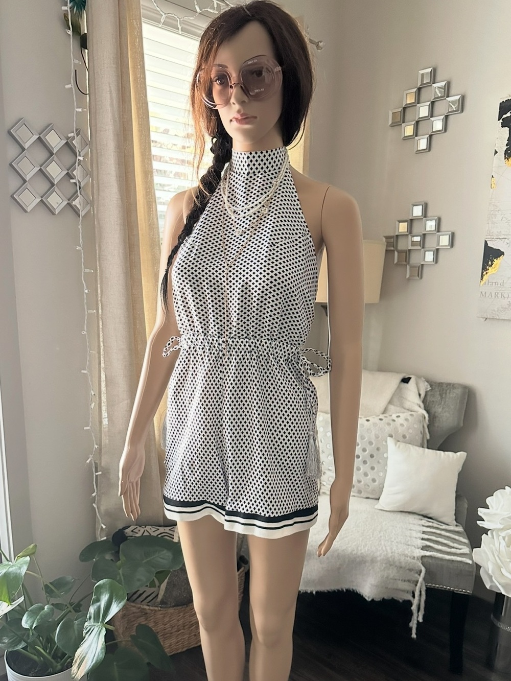 Halter Neck Black & White Polka Dot Romper Small